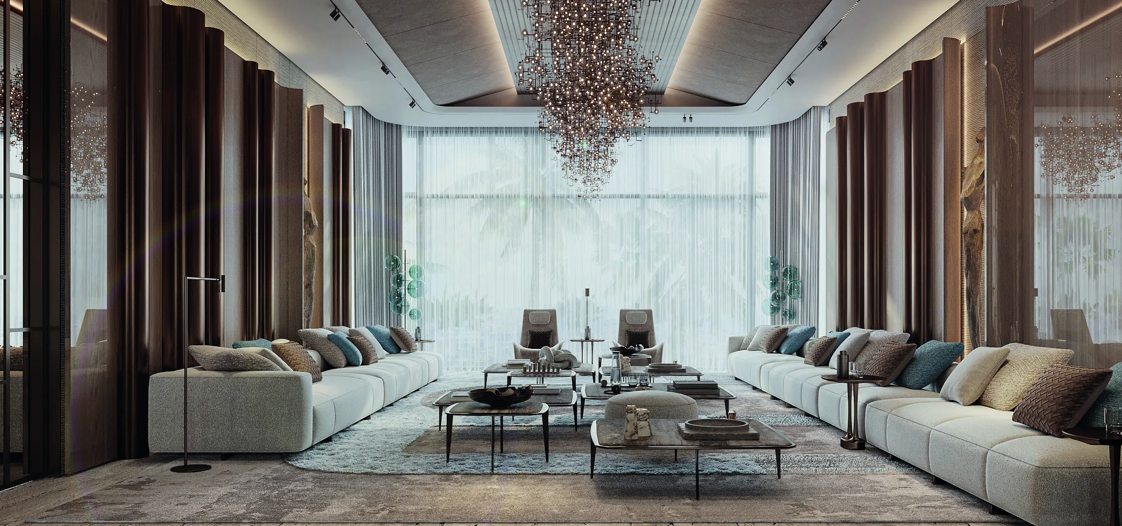 Lobby NKEY com lustres de cristal