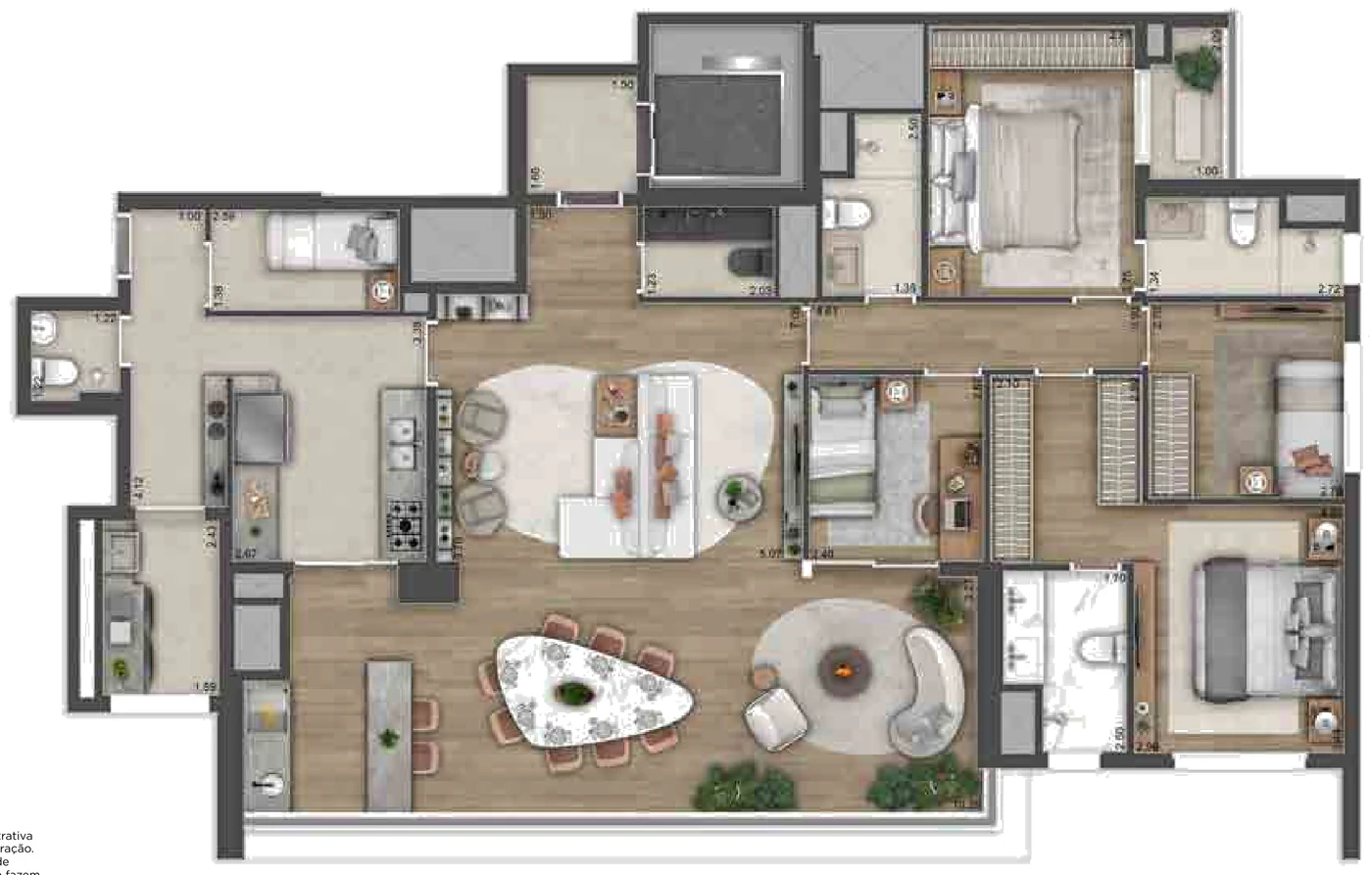 Planta de 164 m² com 4 dormitórios