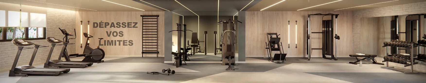 Fitness Center com equipamentos e iluminação linear