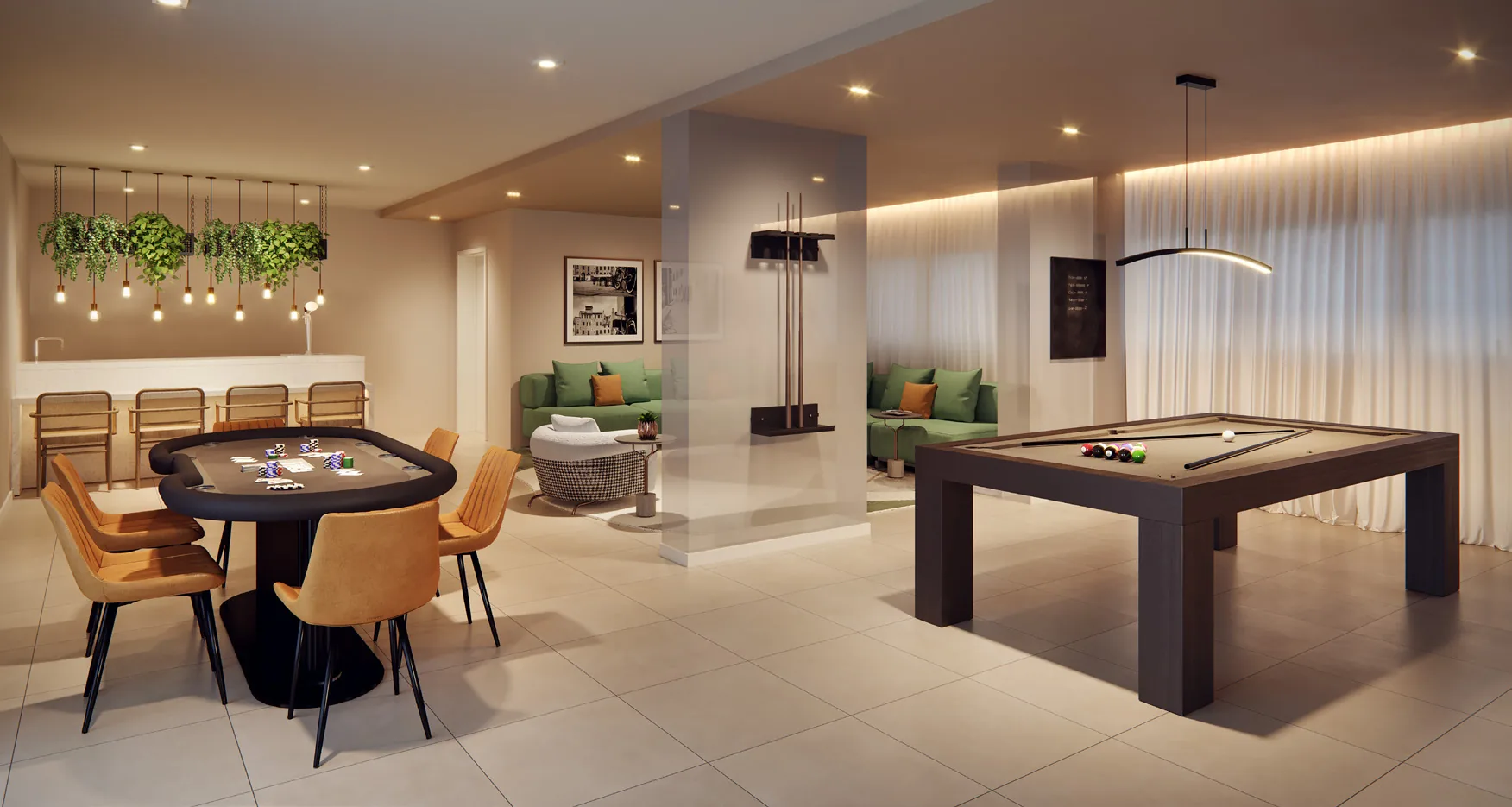 Lounge Monte Carlo com mesa de bilhar e sinuca