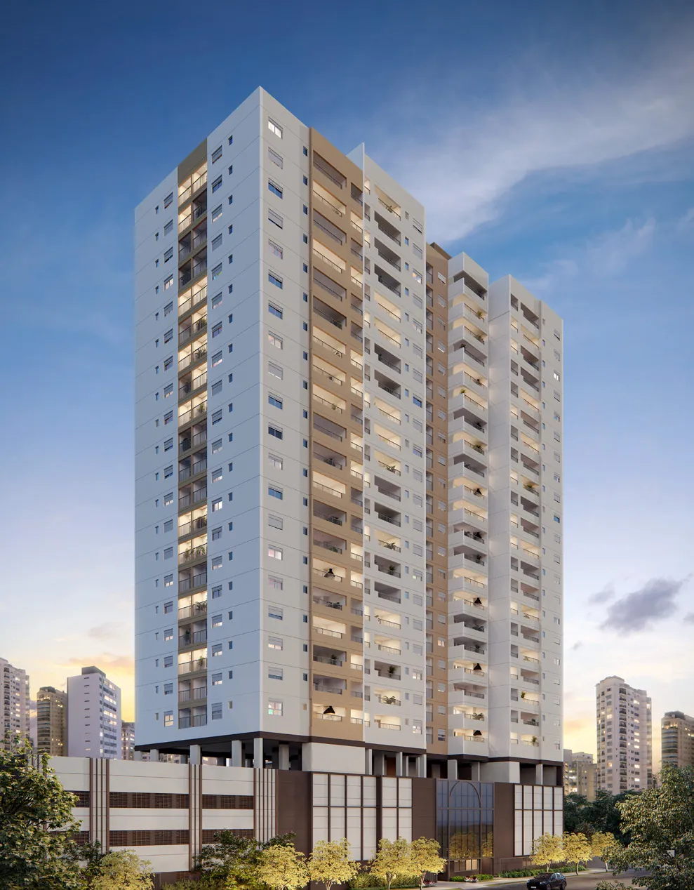 Fachada do Raízes L'Avenir em esquina arborizada