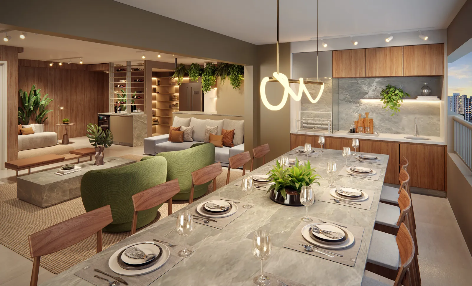 Living de 132 m² decorado com mesa de jantar