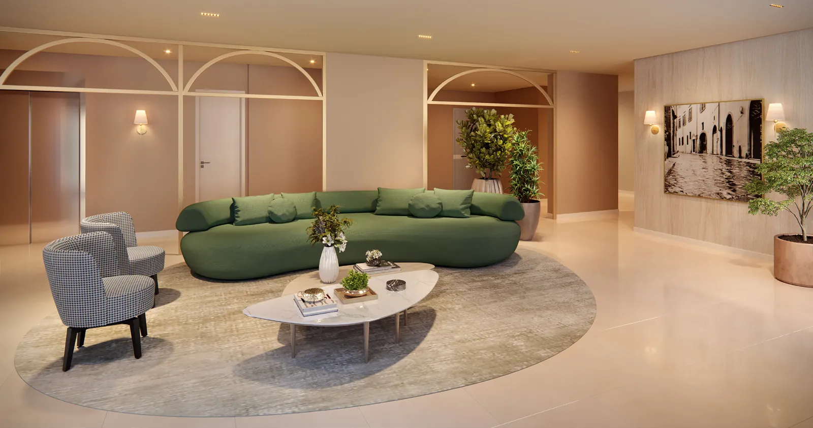Lobby com sofá curvo verde e arcos decorativos