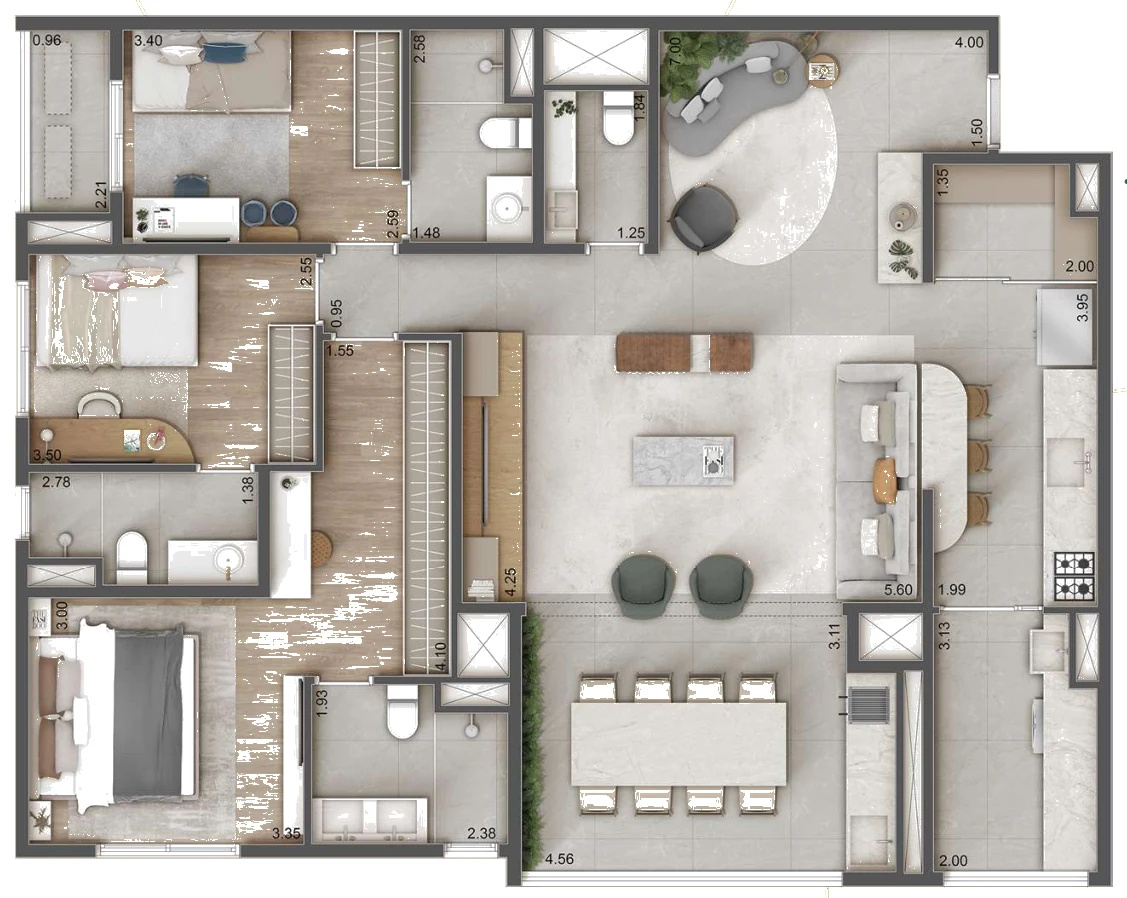 Planta 109 m² com 3 suítes e sala ampliada