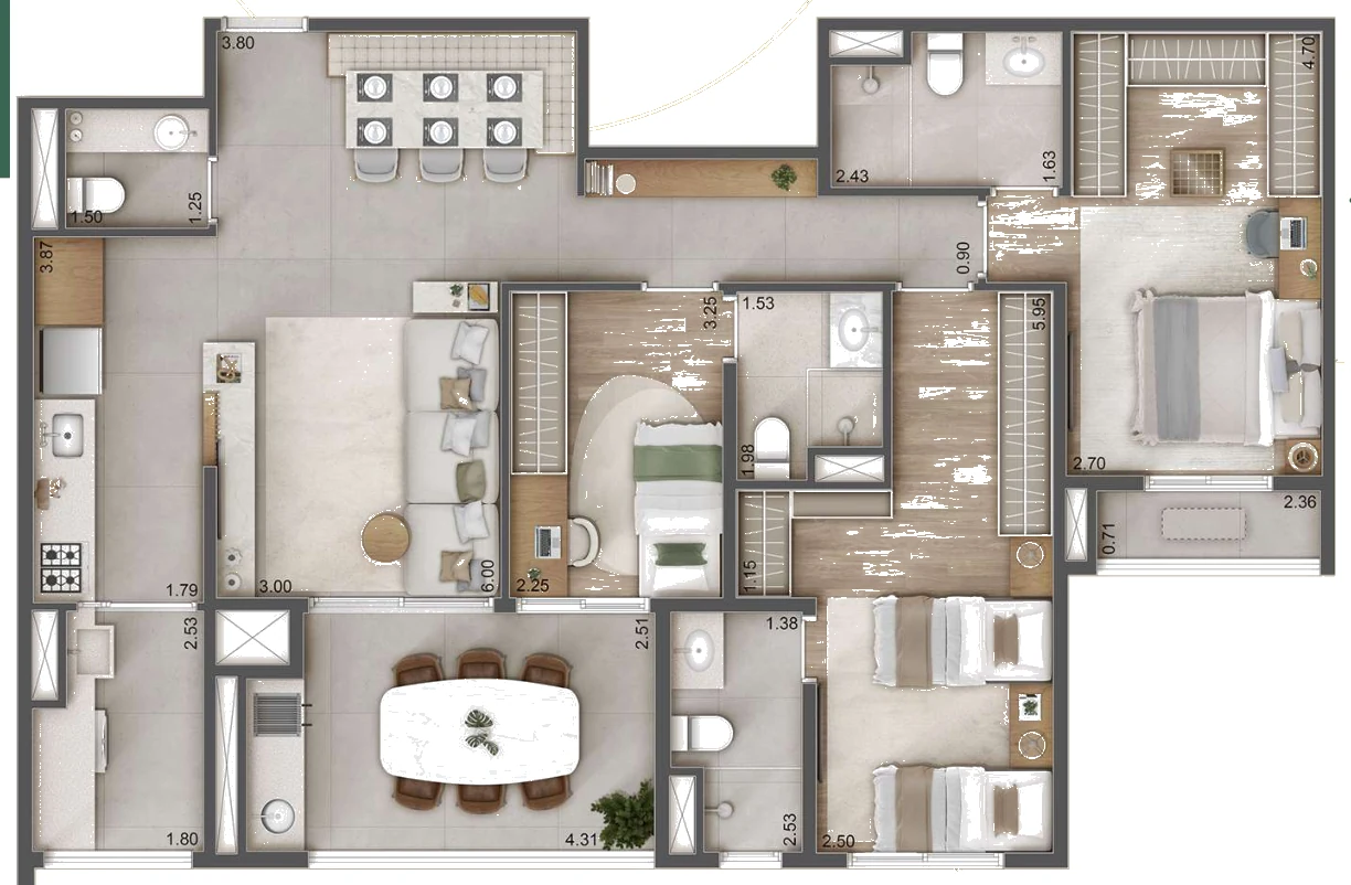 Planta 109 m² com 3 suítes