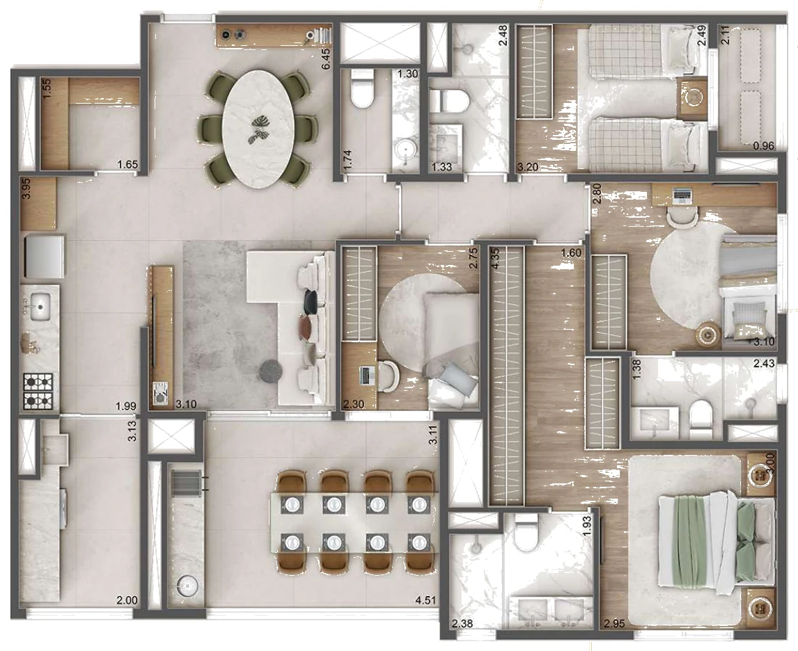 Planta 125 m² com 4 dormitórios e 2 suítes