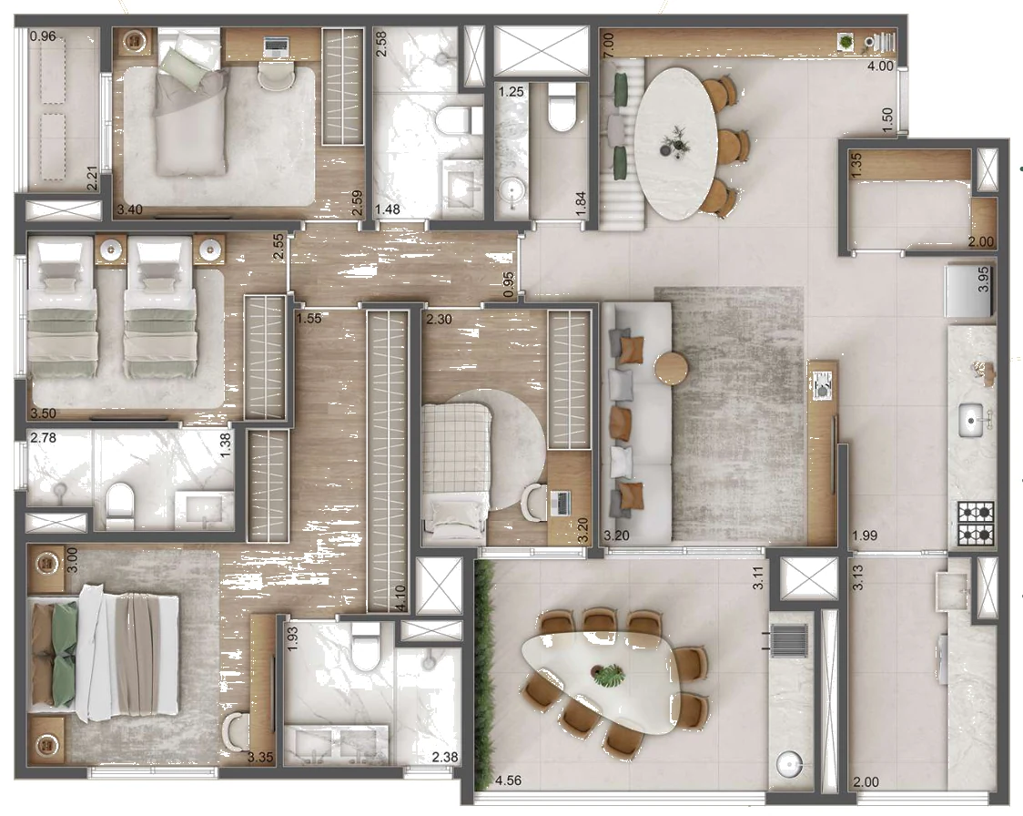 Planta 132 m² com 4 dormitórios