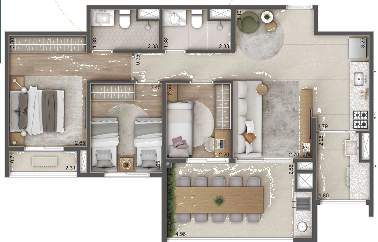 Planta 82 m² com 3 dormitórios e 1 suíte