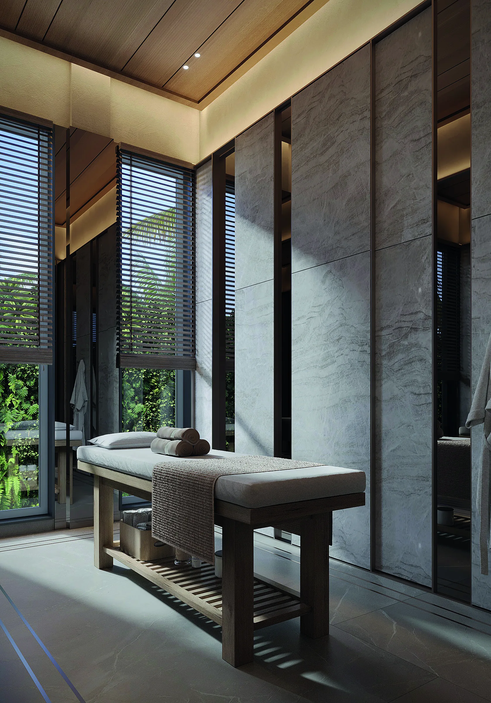 Private Hot Tub. Sala de spa privativa com paredes de pedra